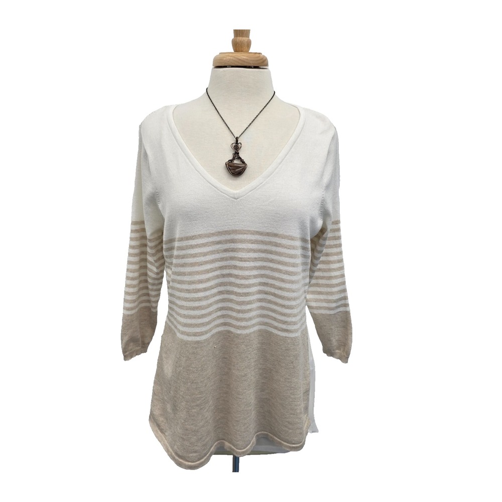 Maurices Beige White‎ Striped V Neck Knit Pullover Sweater Top Womens M